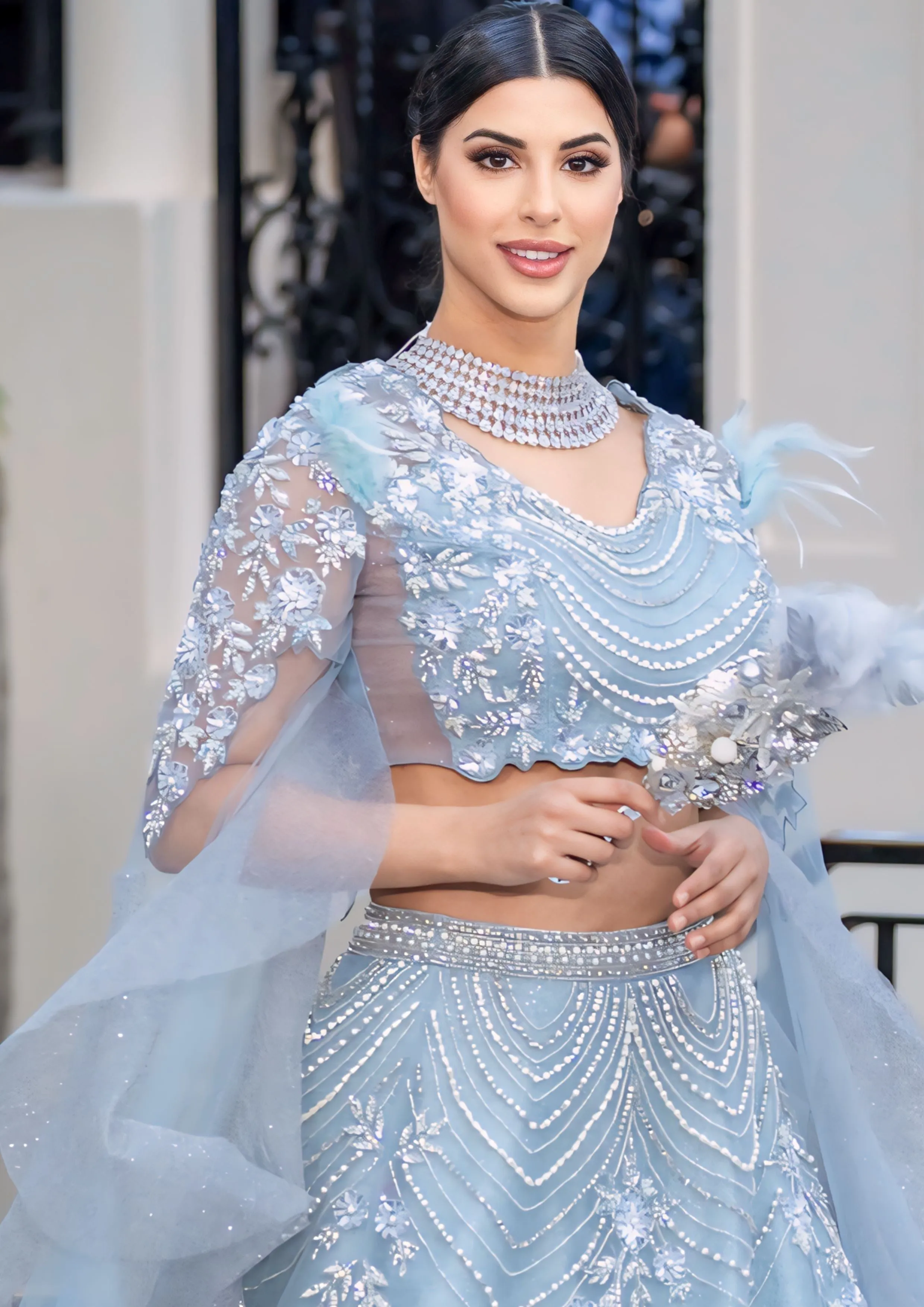 Sky Blue Feather Embellished Bridal Reception Partywear Lehenga