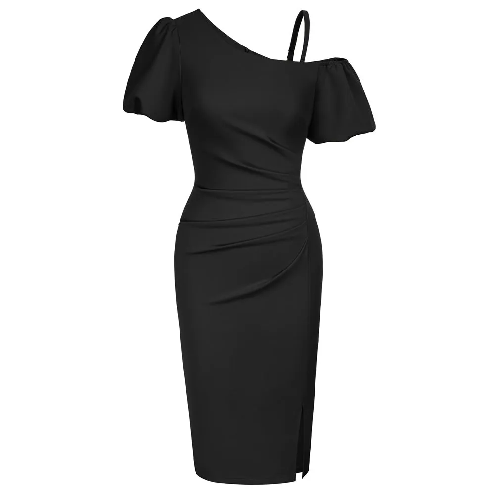 Vintage Fans Look of Front Slit Below-Knee Ruched Bodycon Dress