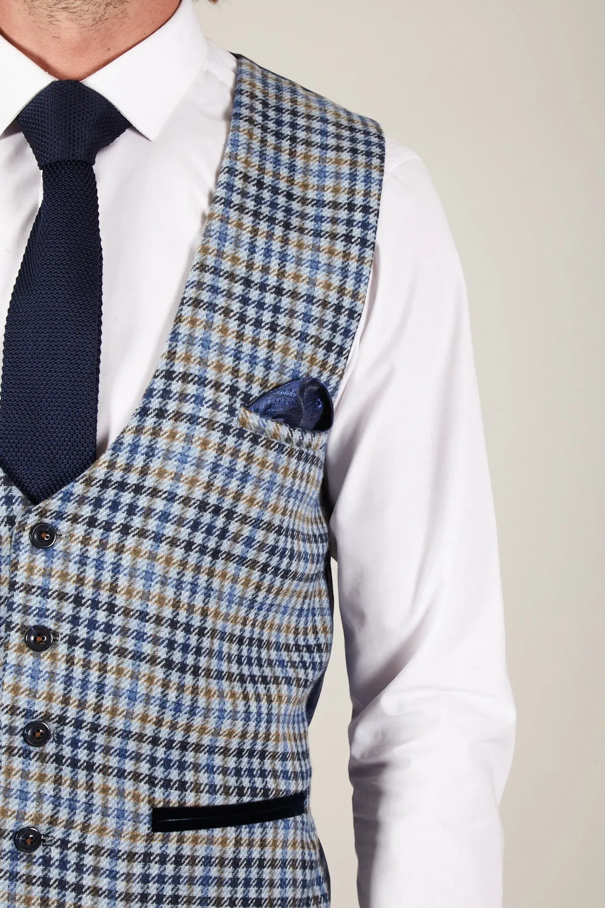 WATSON - Blue Tan Tweed Check Single Breasted Waistcoat