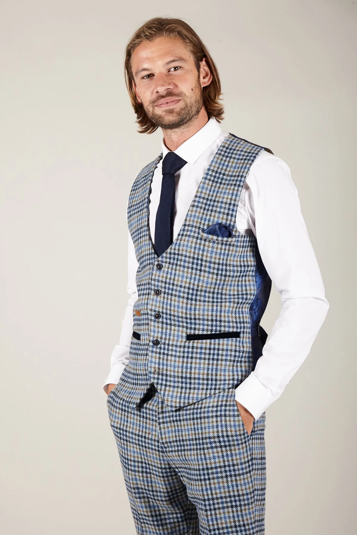 WATSON - Blue Tan Tweed Check Single Breasted Waistcoat