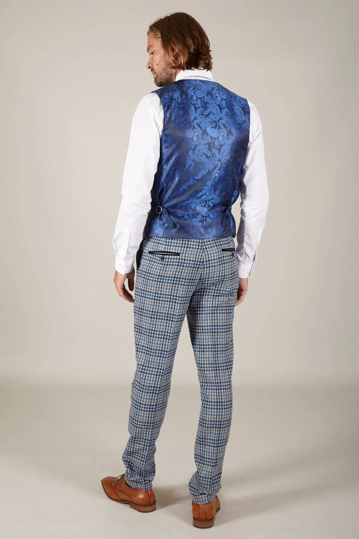 WATSON - Blue Tan Tweed Check Single Breasted Waistcoat