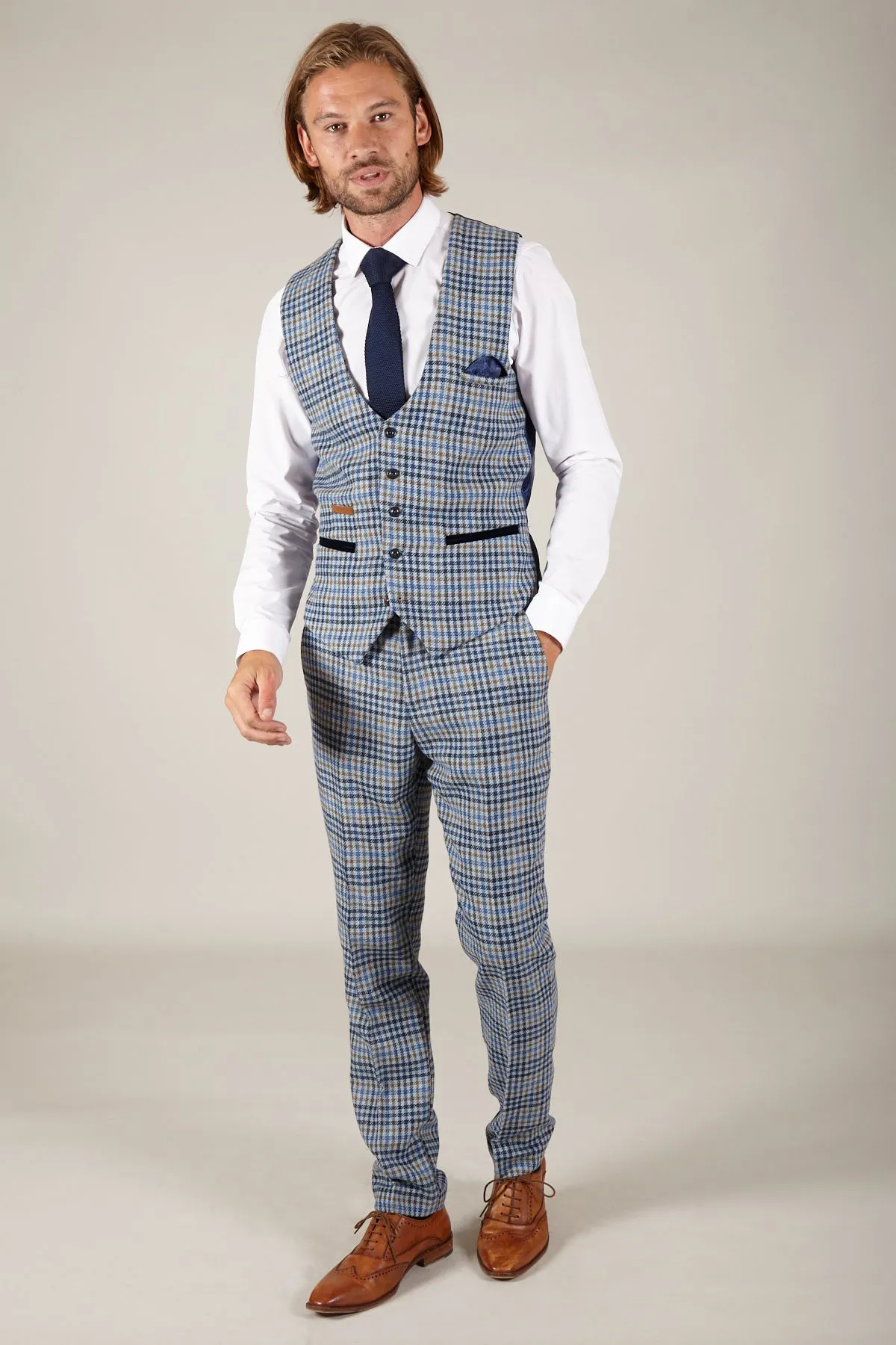 WATSON - Blue Tan Tweed Check Single Breasted Waistcoat