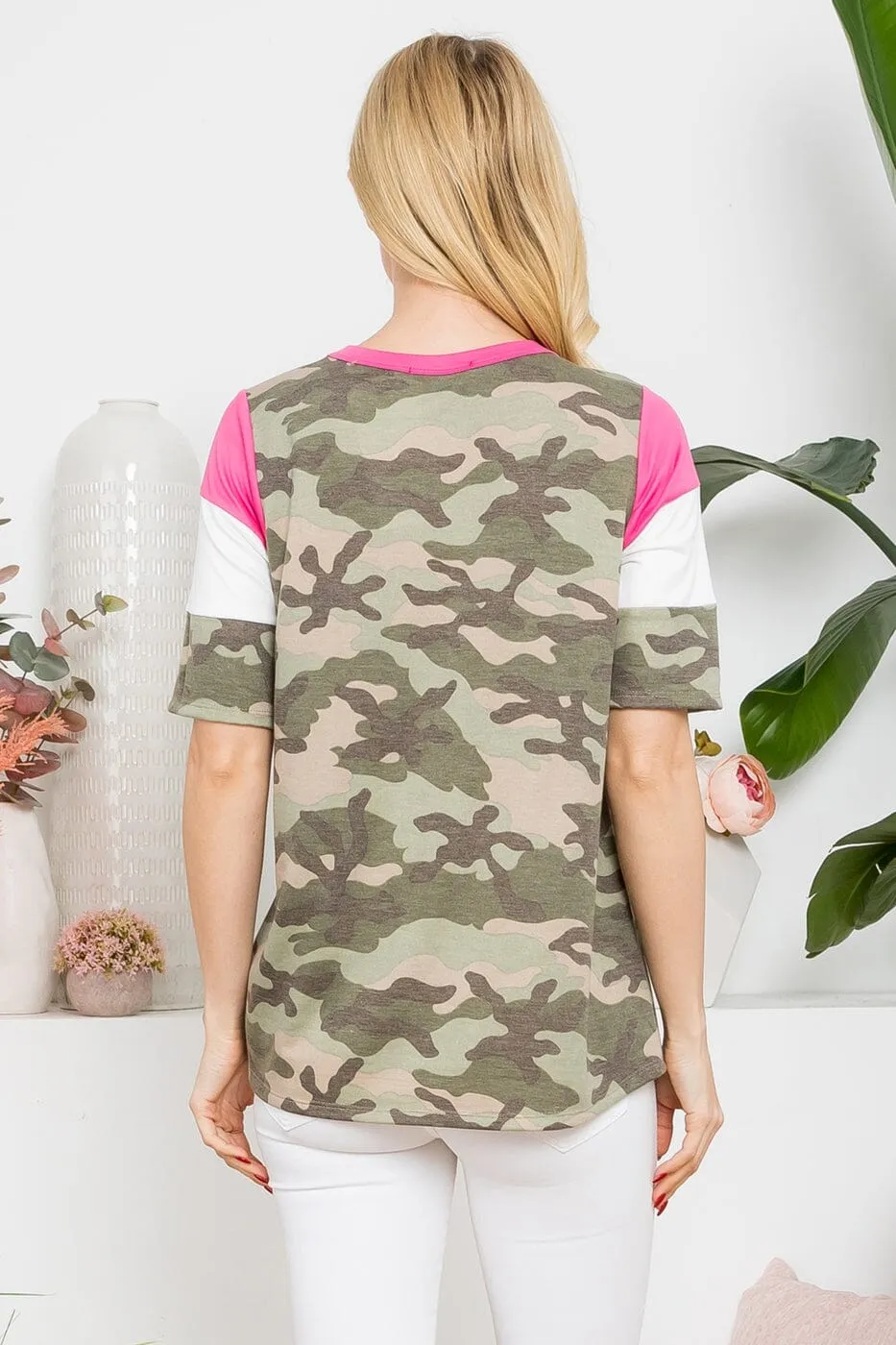 Womens Pink Green Camo Top | Short Sleeve Shirt | Striped Tunics