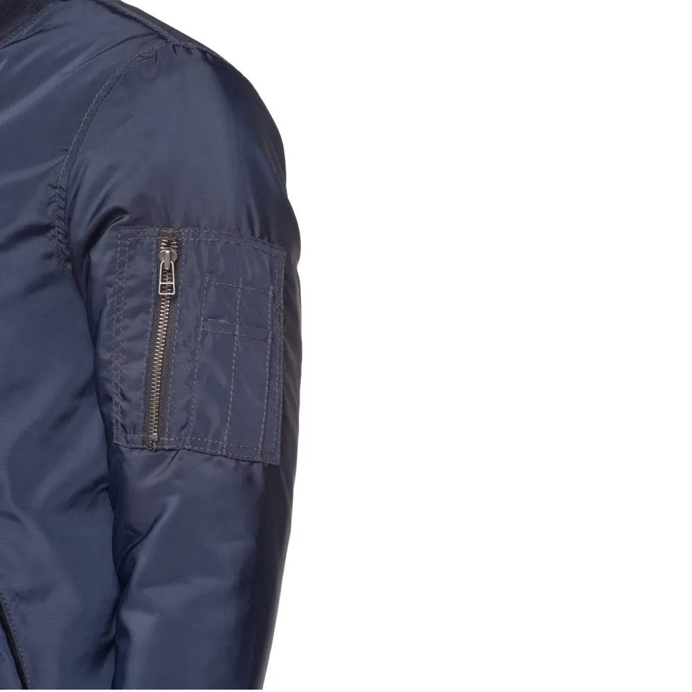 Zak's blue Nylon flight jacket with ribbed waist